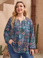 Multicolor Floral Long Sleeve High Low Plus Size Blouses 9144