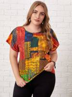 Boho Patchwork Short Sleeve Round Neck Plus Size Tops 8934