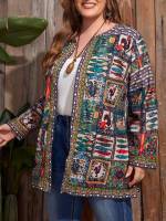  Patchwork Long Sleeve Multicolor Women Plus Clothing 7666