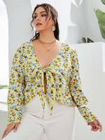  Boho Tie Front Floral Plus Size Women Tops 8522