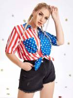 Regular Fit Multicolor Collar Flag Plus Size Blouses 8052