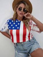 Short Sleeve Round Neck Regular Fit Flag Plus Size T-shirts 4268