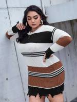 Colorblock Long Sleeve Regular Fit Multicolor Plus Size Sweater Dresses 6446