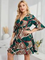 Chain Print Deep V Neck Ruffle Hem Plus Size Dresses 6435