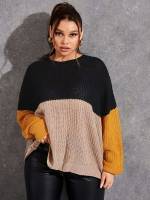 Regular Fit Colorblock Round Neck Plus Size Knitwear 489