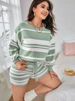 Multicolor Long Sleeve Drawstring Plus Size Sweater Co-ords 4914