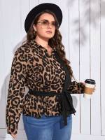 Notched Regular Leopard Long Sleeve Plus Size Tops 3938