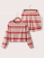  Round Neck Multicolor Striped Plus Size Sweater Co-ords 645