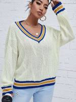 V neck Colorblock Multicolor Plus Size Knitwear 514