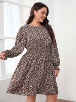 Long Sleeve Casual Shirred Ditsy Floral Plus Size Dresses 5689