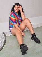 Long Oversized Rainbow Stripe Half Sleeve Plus Size Women Tops 94