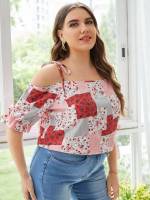 Multicolor Cold Shoulder Boho Regular Plus Size Blouses 805