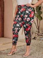 Skinny Cropped Floral Contrast Lace Plus Size Leggings 1631