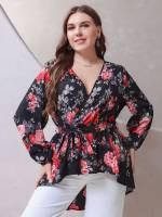 Floral Long Sleeve Belted V neck Plus Size Blouses 6328