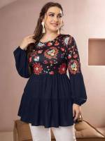 Boho Round Neck Regular Fit Floral Plus Size Tops 248