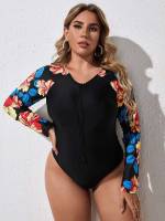 Zipper  Sporty Plus Size Swimwear 9783