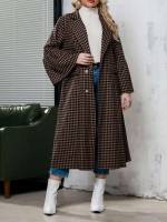 Button Front Elegant Houndstooth Multicolor Plus Size Coats 1774