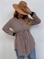 Drawstring Casual Houndstooth Baseball Collar Plus Size Outerwears 7969