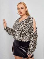 Collar Cut Out Leopard Long Plus Size Tops 9613