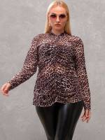 Long Sleeve Stand Collar Leopard Regular Fit Plus Size Blouses 4890