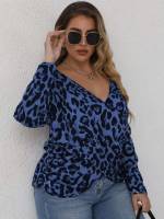 Long Sleeve Leopard Casual Regular Fit Plus Size Tops 8535