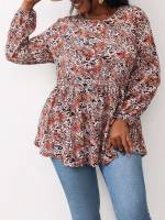 Multicolor Leopard Ruffle Hem Regular Fit Plus Size Tops 5265