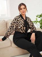 Tie Neck Leopard Elegant Regular Plus Size Tops 8029