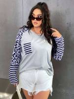 Pocket Round Neck Leopard Plus Size T-shirts 753