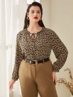 Leopard Casual Regular Fit Plus Size Tops 7335