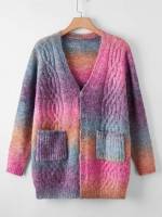  Long Sleeve Button Front Multicolor Plus Size Knitwear 980