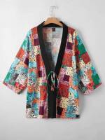 Multicolor Three Quarter Length Sleeve Patchwork Plus Size Cover Ups  Kimonos 9869