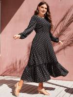 Round Neck Frill Long Sleeve Plus Size Dresses 5188