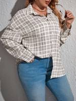 Regular Fit Long Button Front Plaid Plus Size Tops 4649