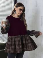 Long Sleeve Regular Fit Multicolor Plaid Women Plus Clothing 4365