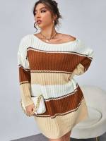 Casual Colorblock Short Boat Neck Plus Size Sweater Dresses 6817