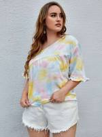 Casual Frill Regular Tie Dye Plus Size Blouses 5044