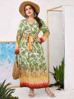 Belted Long Sleeve Tropical Multicolor Plus Size Dresses 188