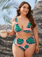  Scoop Neck Tropical Plus Size Swimwear 561