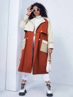 Belted Casual Multicolor Long Plus Size Outerwears 8925