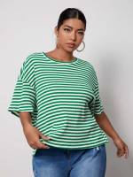 Multicolor Round Neck Striped Backless Plus Size Tops 8532