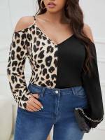  Leopard Long Sleeve Cold Shoulder Plus Size Blouses 2608