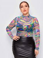 Long Sleeve Stand Collar Marble Sexy Plus Size Women Tops 34