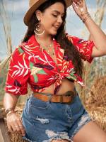 Tropical Half Sleeve Multicolor Plus Size Women Tops 346