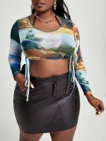 Drawstring Crop Long Sleeve Landscape Print Plus Size Women Tops 3447