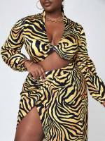 Deep V Neck Long Sleeve Animal Plus Size Co-Ords 8900