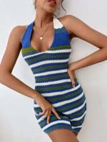 Striped Sleeveless Halter Women Sweater Dresses 186