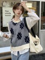  Contrast Binding Floral Round Neck Women Sweater Vests 7693