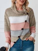  Casual Colorblock Fake Buttons Women Knitwear 2749