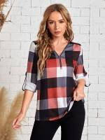 Plaid Multicolor V neck Women Clothing 9490