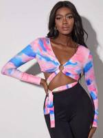  Tie Dye Lace Up Crop Women T-Shirts 3705